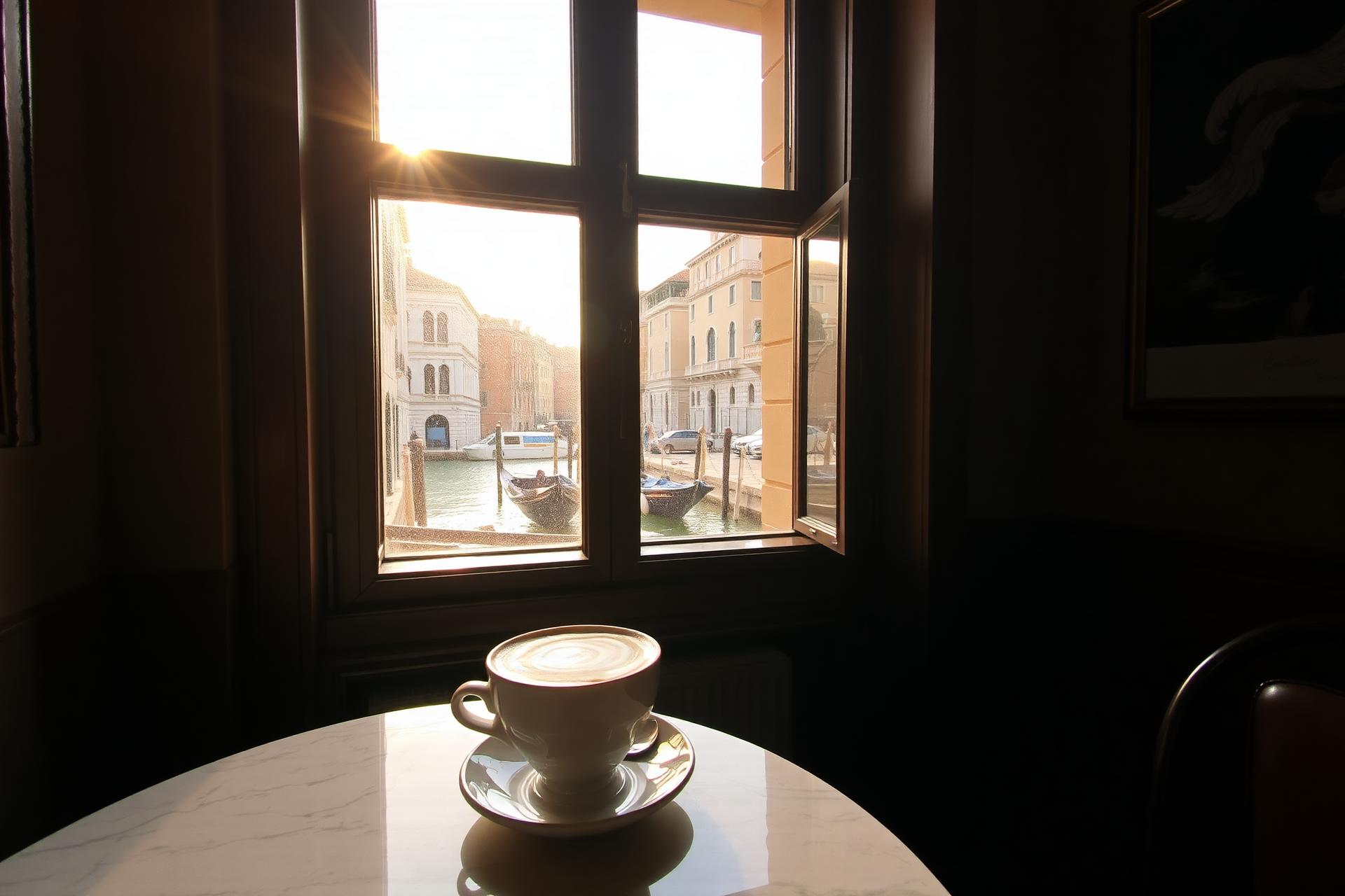 Caffè veneziano al tramonto, vista sul canale